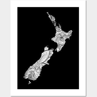 Mandala art map of New Zealand with text in white Posters and Art